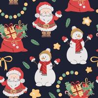 Seamless pattern with cute Santa Claus, snowman and gift bag. holiday texture in flat style. Suitable for wallpaper, wrapping paper, fabric, etc vector