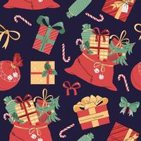 Seamless pattern with Christmas gift boxes and Santa s bag. holiday texture in flat style. Suitable for wallpaper, wrapping paper, fabric, etc. vector