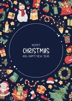 Christmas greeting card with festive elements in the form of a ball. Merry Christmas and Happy New Year. Banner, poster, flyer with Santa, Claus, Christmas tree, etc. vector
