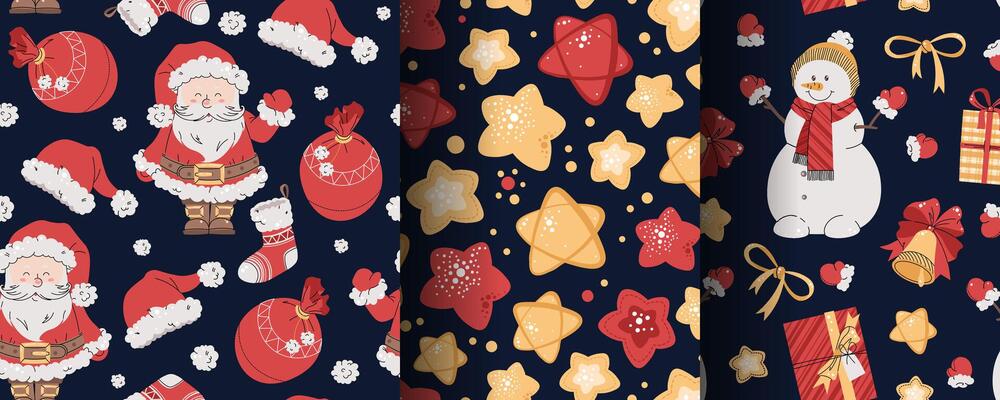 Set of seamless patterns with Santa Claus, stars and snowman. holiday texture in flat style. Suitable for wallpaper, wrapping paper, fabric, etc.
