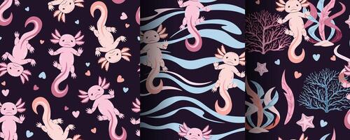 Set of seamless patterns with cute pink axolotl and seaweed. Underwater world, ocean inhabitants. Suitable for fabric, wallpaper, wrapping paper, scrapbooking, etc. vector