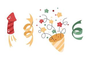 Set of festive firecrackers, crackers and confetti on a white background. Christmas illustration in a flat style. Suitable for stickers, prints and design. vector