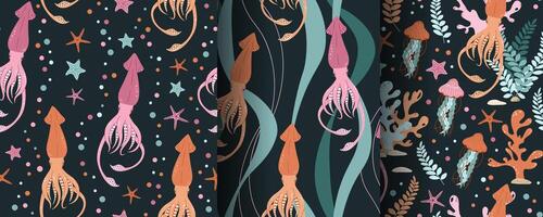 Set of seamless patterns with cute squid, starfish and seaweed. Underwater world, ocean inhabitants. Suitable for fabric, wallpaper, wrapping paper, scrapbooking, etc. vector