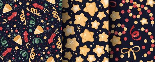 Set of seamless patterns with crackers, streamers, fireworks, stars and bows. festive texture in flat style. Suitable for wallpaper, wrapping paper, fabric, etc vector