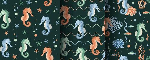 Set of seamless patterns with cute seahorse, starfish and algae. Underwater world, ocean inhabitants. Suitable for fabric, wallpaper, wrapping paper, scrapbooking, etc. vector