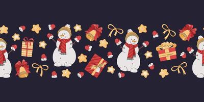 Seamless Christmas border with festive elements. Pattern with snowman, stars and gifts. Background for festive design of cards, websites, fabric, etc. vector