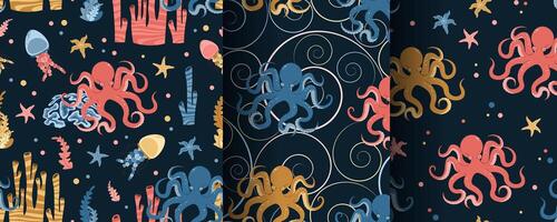 Set of seamless patterns with cute octopus, starfish, jellyfish and algae. Underwater world, ocean inhabitants. Suitable for fabric, wallpaper, wrapping paper, scrapbooking, etc. vector