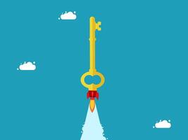 a rocket with a key on top of it flying into the sky vector
