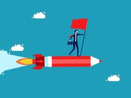 businessman on rocket with red flag vector