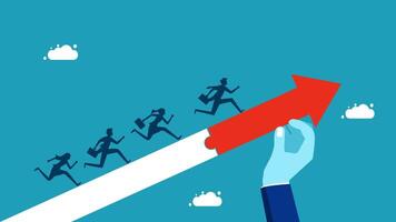 businessman hand holding up a red arrow to a group of people running vector