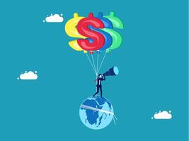 businessman flying on the globe with dollar sign on it vector