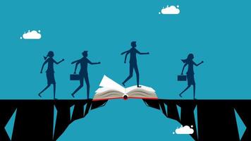 people crossing over a bridge with an open book vector