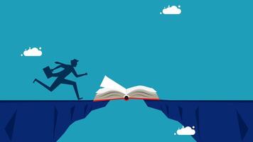 man running across the gap between the book and the cliff vector