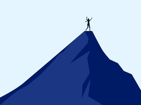 man standing on top of a mountain with his arms up vector