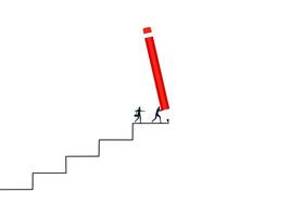 a person is walking up a staircase with a large red pencil vector