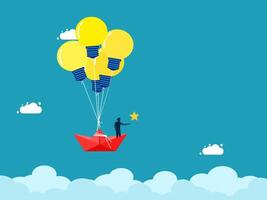a man is flying a paper boat with light bulbs on it vector