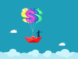 man on paper boat with dollar sign flying in the sky vector
