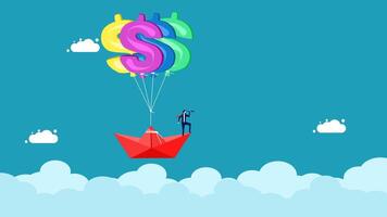 a man is flying a paper boat with a dollar sign on it vector