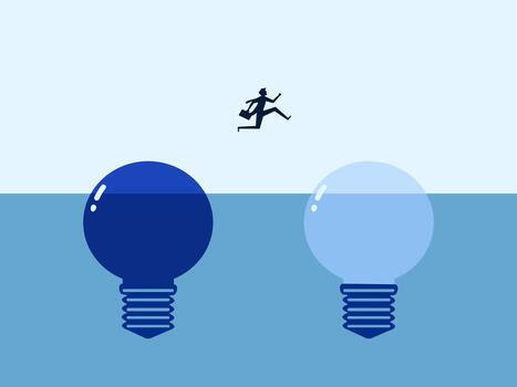 two light bulbs with a man running in front of them vector