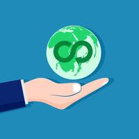 hand holding green planet with infinity symbol on blue background vector
