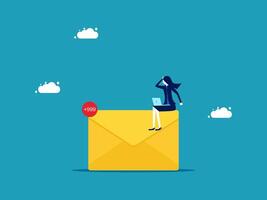 businesswoman sitting on top of an envelope with a stop sign vector