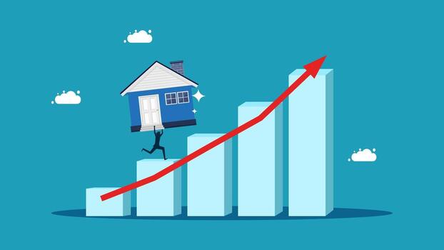 a man is walking up a graph with a house on top vector