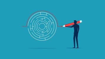 man with red pen and a maze on blue background vector