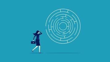 businesswoman looking at a maze with a person standing in front of it vector
