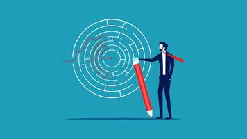 businessman with pencil and red arrow pointing to a maze vector