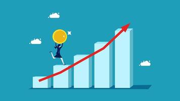 woman climbing up the graph chart with a coin vector