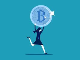 businesswoman running with bitcoin coin vector