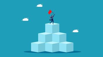 businessman on top of cube with red flag vector