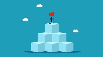 woman on top of cube with red flag vector