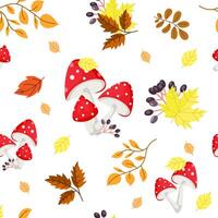 Fall leaves and fly agaric mushrooms seamless pattern on a white background for fabric, wallpaper and wrapping paper. Autumn motifs background, seamless texture, bright colors. illustration vector