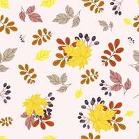 Autumn seamless pattern with different leaves and berries hand drawn in simple style and seasonal colors. Autumn pattern background texture for print, textile, wrapping paper, wallpaper, web. vector