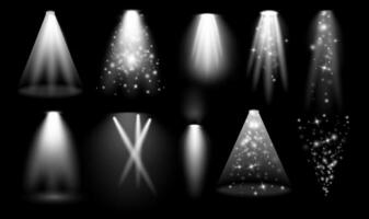 Light effects set. Concert lighting from spotlights of different shapes collection. Light effects with glitter sparkles and magic glow set of transparent design elements isolated illustration vector