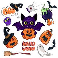 Halloween object elements set. Spooky elements for typography, stickers, icons, web design.Halloween pumpkins, bats,potion,witch hat and other creepy themed elements isolated on white background. vector