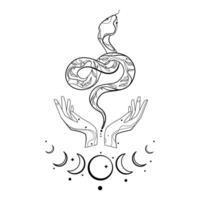 Esoterics and astrology concept Snake and hands with crescent moon and stars hand drawing line art design. Snake esoteric sketch for tattoo,fashion print,design element,textile,poster,cover. vector