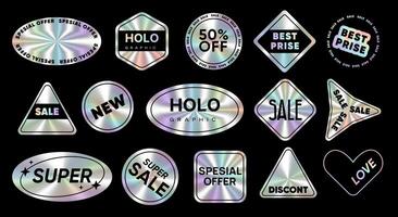 Hologram stickers and emblems icons with tags set. Holographic stamps with iridescent texture for sale,special offer, best price and other. Iridescent rainbow foil adhesive symbols and objects. vector