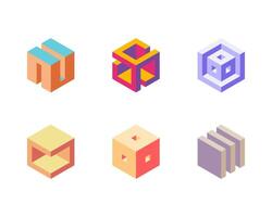 Cube logo, geometric design. Set box logotype company, trendy techno emblem in isometric 3D style. vector