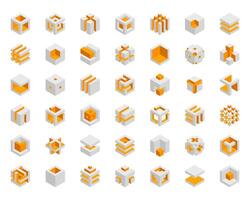 Cube logo, geometric design. Box logotype company, trendy tech emblem in pixel style. vector