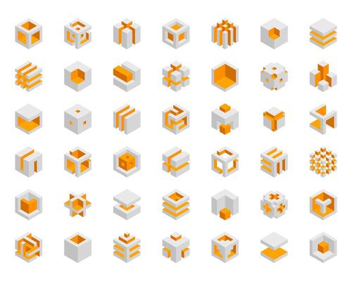Cube logo, geometric design. Box logotype company, trendy tech emblem in pixel style.