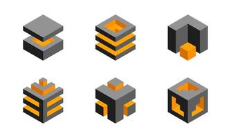 Cube logo, geometric design. Box logotype company, trendy tech emblem in pixel style. vector