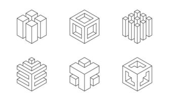 Black and white Cube logo, geometric design. Set box logotype company, trendy techno emblem in isometric 3D style. vector