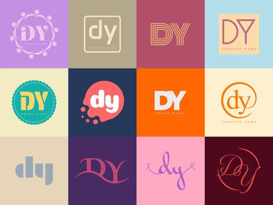 DY logo company template. Letter d and y logotype. Set different classic serif lettering and modern bold text with design elements. Initial font typography.