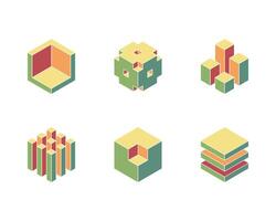 Cube logo, geometric design. Set box logotype company, trendy techno emblem in isometric 3D style. vector