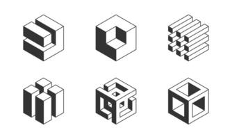 Black and white Cube logo, geometric design. Set box logotype company, trendy techno emblem in isometric 3D style. vector