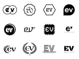 EV logo company template. Letter e and v logotype. Set different classic serif lettering and modern bold text with design elements. Initial font typography. vector