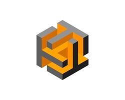 Cube logo, geometric design. Box logotype company, trendy tech emblem in pixel style. vector