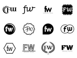 FW logo company template. Letter f and w logotype. Set different classic serif lettering and modern bold text with design elements. Initial font typography. vector
